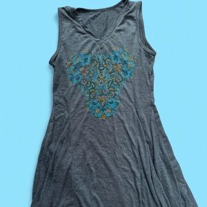 Charcoal Gray Sleeveless Top with Blue Boho Paisley Design